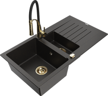 Mexen Matias granite sink 1.5-bowl with drainer and Aster kitchen faucet, black/gold metallic - 6502-75-73450-57-G