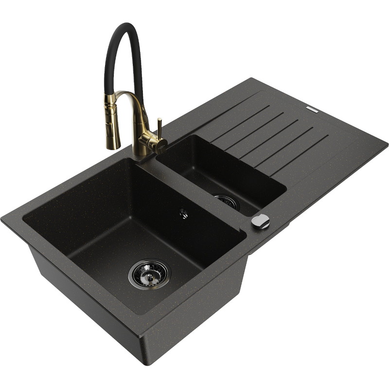Mexen Matias 1.5-bowl granite sink with drainer and Aster kitchen faucet, black/gold metallic - 6502-75-73450-57-B