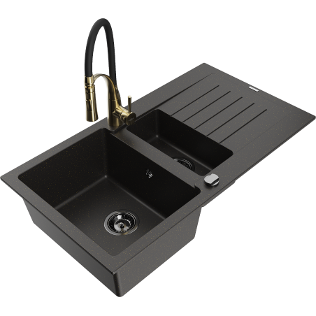 Mexen Matias 1.5-bowl granite sink with drainer and Aster kitchen faucet, black/gold metallic - 6502-75-73450-57-B