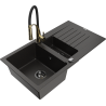 Mexen Matias 1.5-bowl granite sink with drainer and Aster kitchen faucet, black/gold metallic - 6502-75-73450-57-B