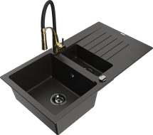 Mexen Matias 1.5-bowl granite sink with drainer and Aster kitchen faucet, black/gold metallic - 6502-75-73450-57-B
