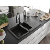 Mexen Matias granite sink 1.5-bowl with drainer and Aster kitchen faucet, black/gold metallic - 6502-75-73450-70-B