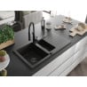 Mexen Matias granite sink 1.5-bowl with drainer and Aster kitchen tap, black/gold metallic - 6502-75-73450-70-B