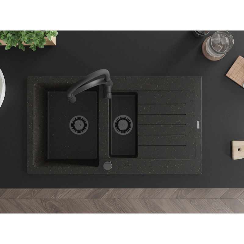 Mexen Matias granite sink 1.5-bowl with drainer and Aster kitchen tap, black/gold metallic - 6502-75-73450-70-B