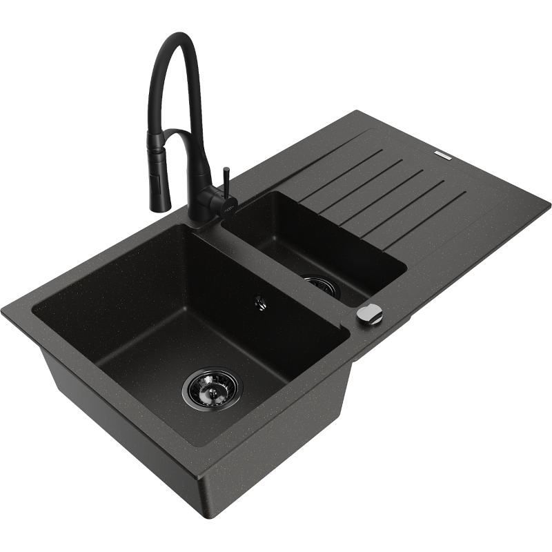 Mexen Matias 1.5-compartment granite sink with a drip tray and kitchen mixer tap Aster, Black/Gold metallic - 6502-75-73450-70-B