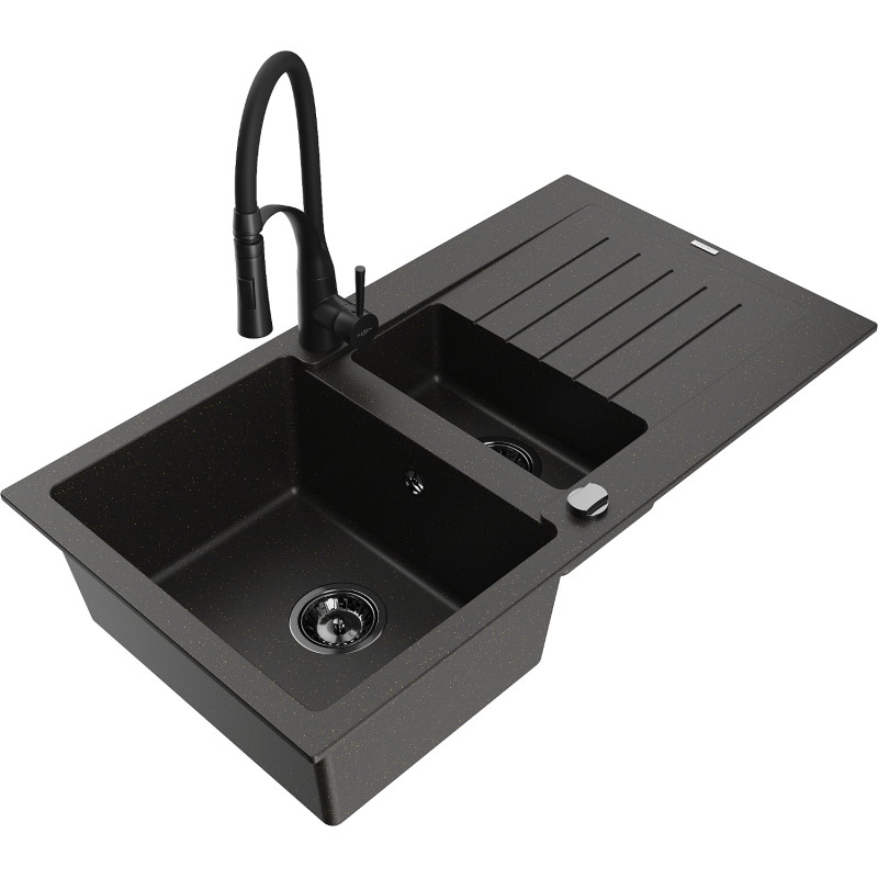 Mexen Matias granite sink 1.5-bowl with drainer and Aster kitchen faucet, black/gold metallic - 6502-75-73450-70-B