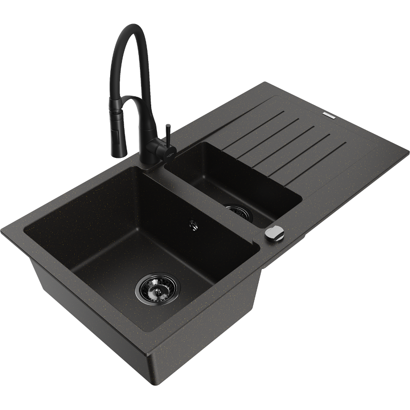 Mexen Matias granite sink 1.5-bowl with drainer and Aster kitchen tap, black/gold metallic - 6502-75-73450-70-B