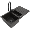 Mexen Matias granite sink 1.5-bowl with drainer and Aster kitchen tap, black/gold metallic - 6502-75-73450-70-B