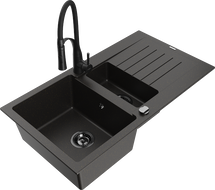 Mexen Matias granite sink 1.5-bowl with drainer and Aster kitchen faucet, black/gold metallic - 6502-75-73450-70-B