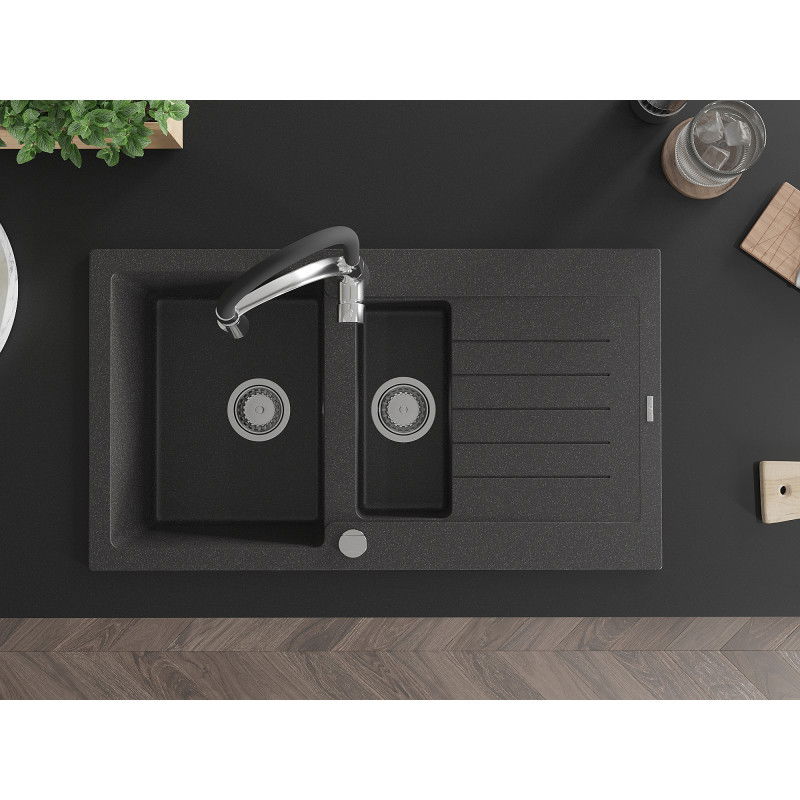 Mexen Matias granite sink 1.5-bowl with drainer and Aster kitchen tap, black speckled - 6502-76-73450-07