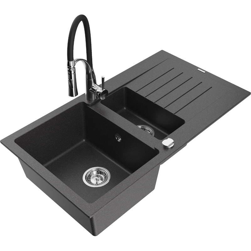 Mexen Matias 1.5-compartment granite sink with a drip tray and kitchen mixer tap Aster, spotted black - 6502-76-73450-07