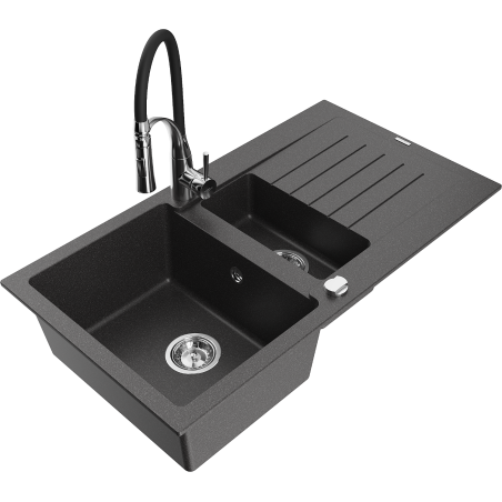Mexen Matias granite sink 1.5-bowl with drainer and kitchen faucet Aster, black speckled - 6502-76-73450-07