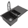 Mexen Matias granite sink 1.5-bowl with drainer and kitchen faucet Aster, black speckled - 6502-76-73450-07