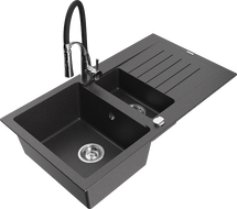 Mexen Matias granite sink 1.5-bowl with drainer and Aster kitchen tap, black speckled - 6502-76-73450-07