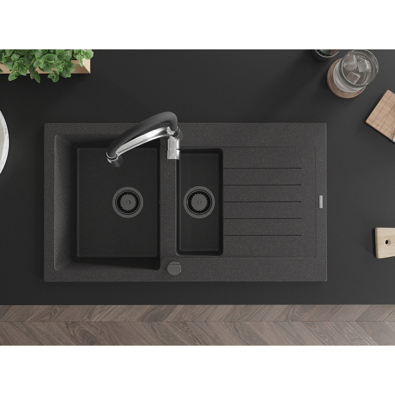 Mexen Matias granite sink 1.5-bowl with drainer and Aster kitchen tap, speckled black - 6502-76-73450-07-B