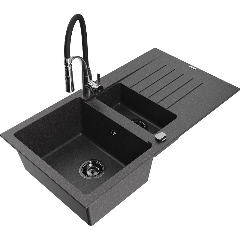 Mexen Matias granite sink 1.5-bowl with drainer and Aster kitchen tap, speckled black - 6502-76-73450-07-B