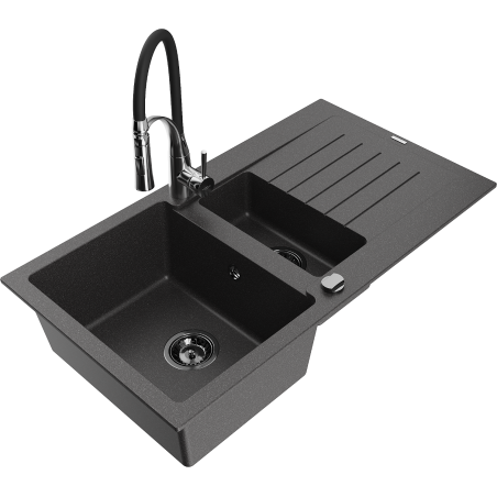Mexen Matias 1.5-bowl granite sink with drainer and Aster kitchen tap, black speckled - 6502-76-73450-07-B