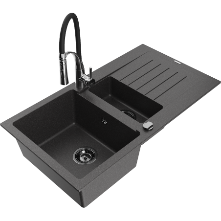 Mexen Matias 1.5-compartment granite sink with a drip tray and kitchen mixer tap Aster, spotted black - 6502-76-73450-07-B