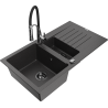 Mexen Matias 1.5-compartment granite sink with a drip tray and kitchen mixer tap Aster, spotted black - 6502-76-73450-07-B