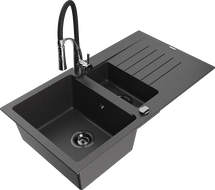 Mexen Matias 1.5-compartment granite sink with a drip tray and kitchen mixer tap Aster, spotted black - 6502-76-73450-07-B