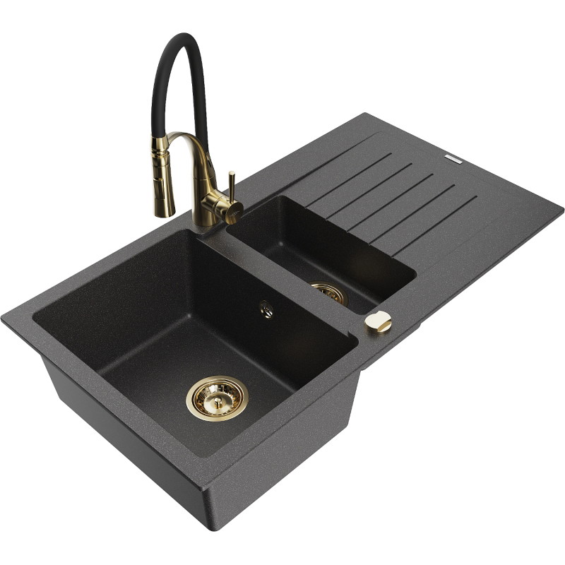 Mexen Matias granite sink 1.5-bowl with drainer and Aster kitchen faucet, black speckled - 6502-76-73450-57-G