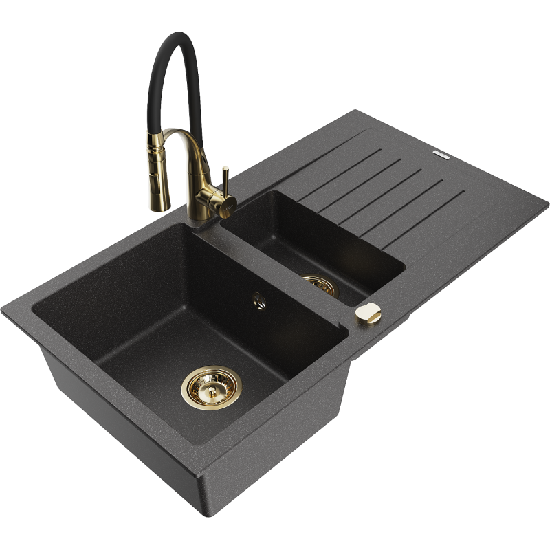 Mexen Matias granite sink 1.5-bowl with drainer and Aster kitchen tap, black speckled - 6502-76-73450-57-G