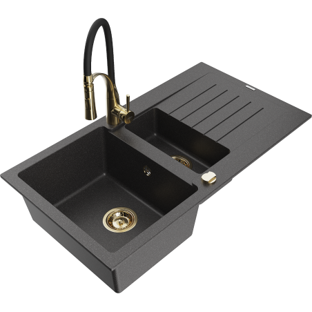 Mexen Matias 1.5-bowl granite sink with drainer and Aster kitchen faucet, speckled black - 6502-76-73450-57-G