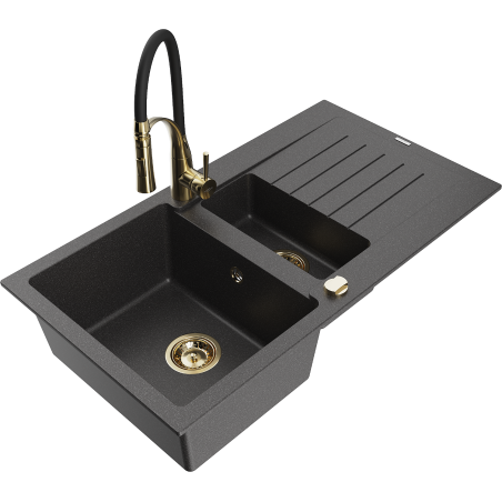 Mexen Matias granite sink 1.5-bowl with drainer and Aster kitchen tap, black speckled - 6502-76-73450-57-G
