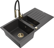Mexen Matias granite sink 1.5-bowl with drainer and Aster kitchen tap, black speckled - 6502-76-73450-57-G