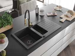 Mexen Matias granite sink 1.5-bowl with drainer and kitchen faucet Aster, black speckled - 6502-76-73450-57-B