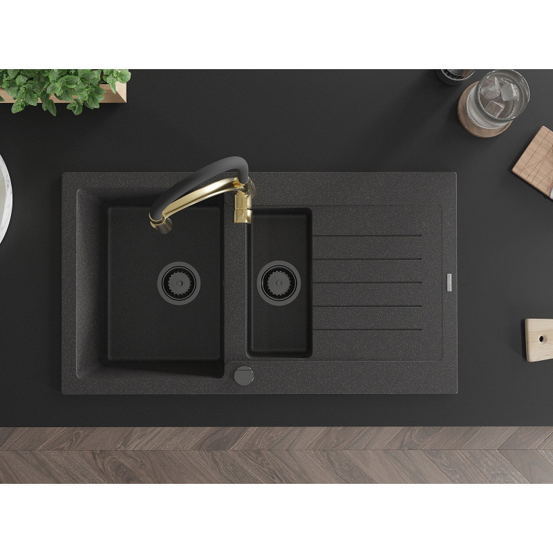 Mexen Matias 1.5-bowl granite sink with drainer and Aster kitchen faucet, speckled black - 6502-76-73450-57-B