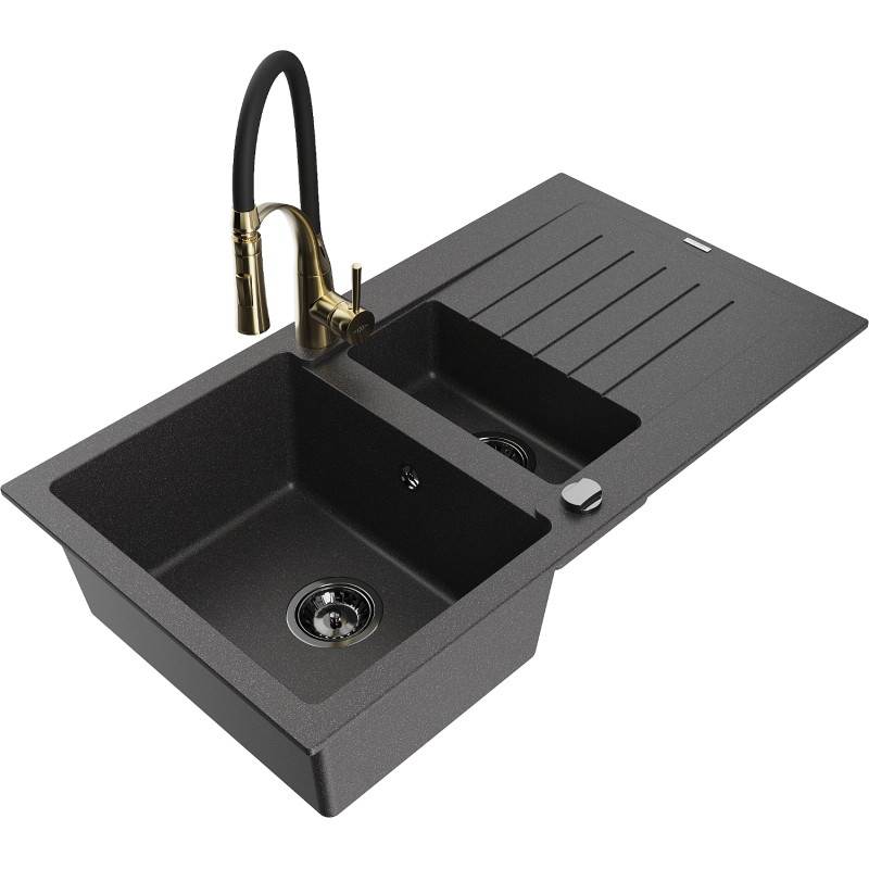 Mexen Matias 1.5-bowl granite sink with drainer and Aster kitchen faucet, speckled black - 6502-76-73450-57-B