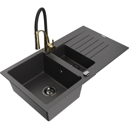 Mexen Matias 1.5-bowl granite sink with drainer and Aster kitchen faucet, speckled black - 6502-76-73450-57-B