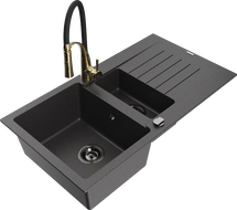 Mexen Matias granite sink 1.5-bowl with drainer and Aster kitchen tap, black speckled - 6502-76-73450-57-B