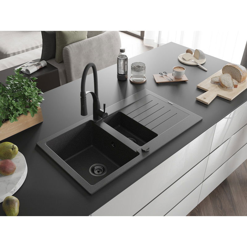 Mexen Matias granite sink 1.5-bowl with drainer and Aster kitchen tap, black speckled - 6502-76-73450-70-B