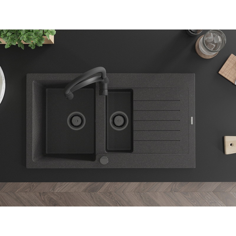 Mexen Matias granite sink 1.5-bowl with draining board and kitchen faucet Aster, black speckled - 6502-76-73450-70-B