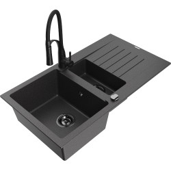 Mexen Matias 1.5-compartment granite sink with a drip tray and kitchen mixer tap Aster, spotted black - 6502-76-73450-70-B