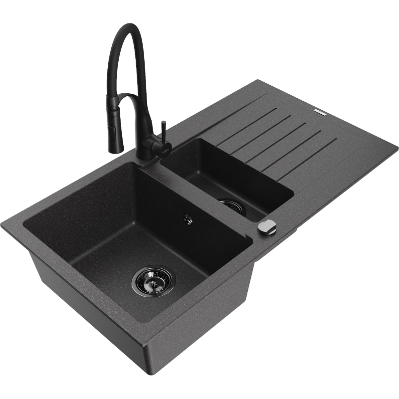 Mexen Matias 1.5-compartment granite sink with a drip tray and kitchen mixer tap Aster, spotted black - 6502-76-73450-70-B