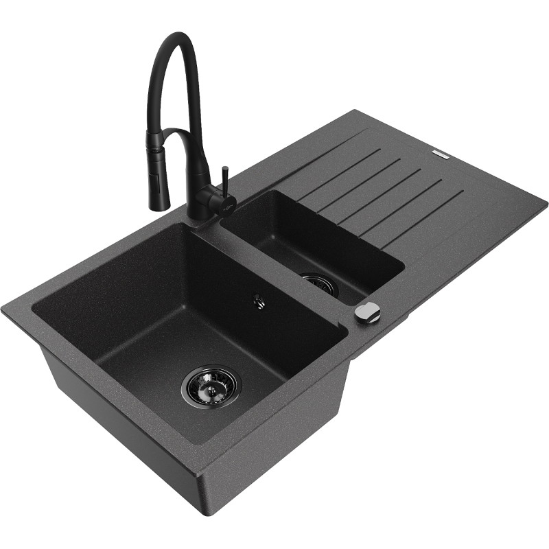 Mexen Matias granite sink 1.5-bowl with draining board and kitchen faucet Aster, black speckled - 6502-76-73450-70-B