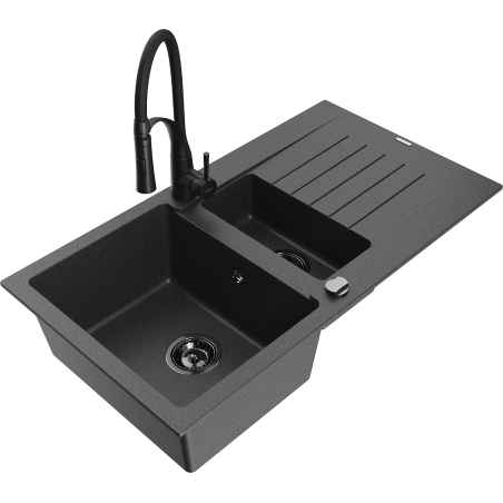 Mexen Matias 1.5-Bowl Granite Sink with Drainer and Aster Kitchen Faucet, Black Speckled - 6502-76-73450-70-B