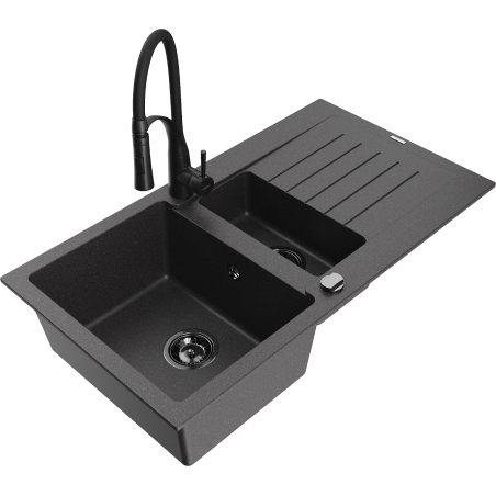 Mexen Matias granite sink 1.5-bowl with draining board and kitchen faucet Aster, black speckled - 6502-76-73450-70-B