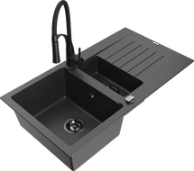 Mexen Matias granite sink 1.5-bowl with drainer and Aster kitchen tap, black speckled - 6502-76-73450-70-B