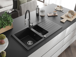 Mexen Matias 1.5-compartment granite sink with a drip tray and kitchen mixer tap Aster, Black - 6502-77-73450-07