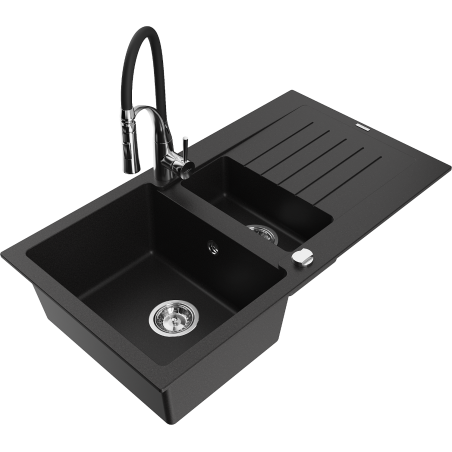 Mexen Matias 1.5-compartment granite sink with a drip tray and kitchen mixer tap Aster, Black - 6502-77-73450-07