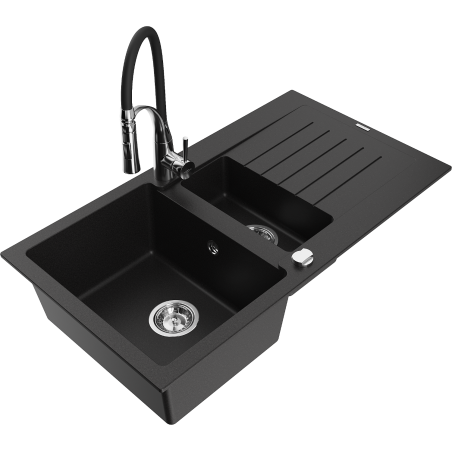 Mexen Matias granite sink 1.5-bowl with drainer and Aster kitchen tap, black - 6502-77-73450-07