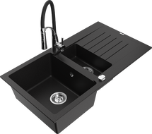 Mexen Matias 1.5-compartment granite sink with a drip tray and kitchen mixer tap Aster, Black - 6502-77-73450-07