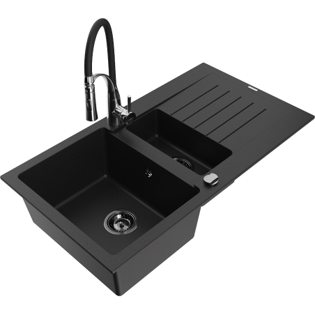 Mexen Matias granite sink 1.5-bowl with drainer and Aster kitchen faucet, black - 6502-77-73450-07-B