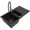 Mexen Matias granite sink 1.5-bowl with drainer and Aster kitchen faucet, black - 6502-77-73450-07-B