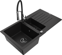 Mexen Matias granite sink 1.5-bowl with drainer and Aster kitchen faucet, black - 6502-77-73450-07-B