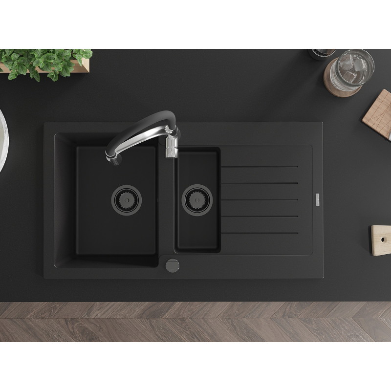 Mexen Matias granite sink 1.5-bowl with drainer and kitchen faucet Aster, black - 6502-77-73450-07-B
